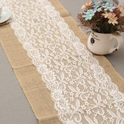 30*108cm Burlap Table Runner Natural Jute Vintage with Lace Table Runner Lace Hessian Table Runner For Wedding Party Decoration