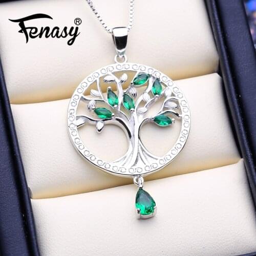 FENASY life tree Necklaces for Women new trendy green crystal 925 Sterling Silver Tree Of Life Round Pendant Fine Jewelry