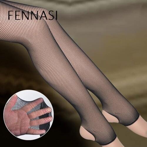 FENNASI Women Stirrup Fishnet Tights Sexy Open Toe Black Mesh Pantyhose Female Erotic Mesh Stockings Thigh High Gird Stockings