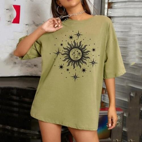 Harajuku Army Green Sun Star Print Woman Tshirts Oversized T Shirt Summer Vintage Casual Loose Tee Shirt Femme Plus Size Tops
