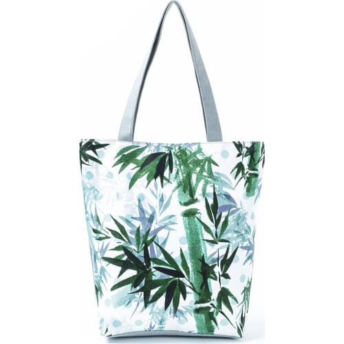 Chinese Bamboo Printed Shoulder Bag Women Large Capacity Eco Reusable Shopping Bag Plant Design Lady Travel Storage Beach Bag