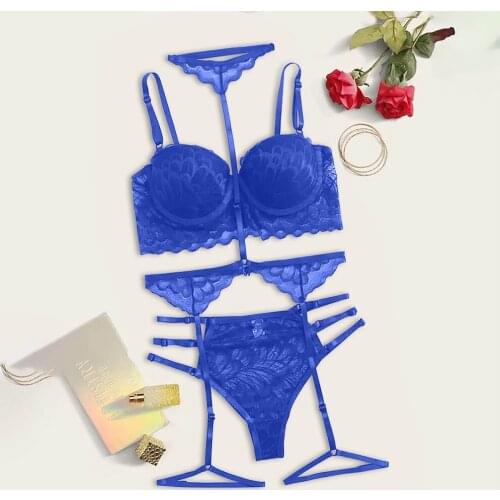 4-piece lingerie set. Ladies see-through bra and panties. Lingerie floral embroidery Langerie corset with garter under the panti