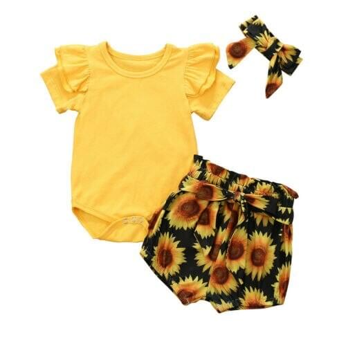 0-24M Newborn Infant Baby Girl Clothes Set Short Sleeve Romper Shorts Sunflower Yellow Girl Summer Cotton Outfit