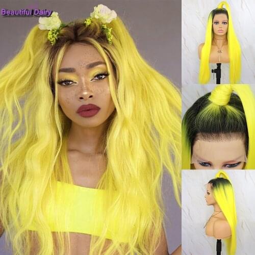 Beautiful Diary Synthetic Lace Front Wigs For Black Women Heat Resistant Straight Wigs Ombre Yellow Synthetic Wig Cosplay wig