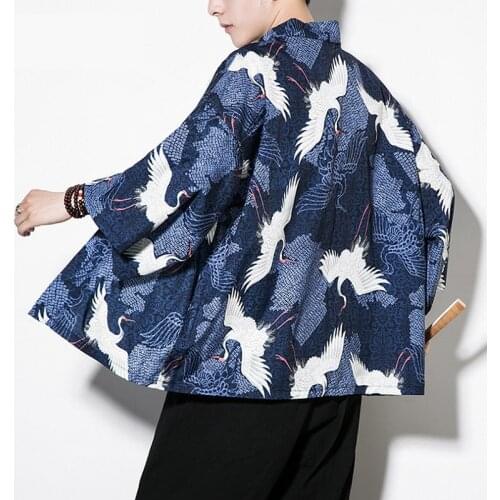 Chinese Style Kimono Cardigan Men Crane Printed Long Black Kimono Cardigan Men Casual Kimono Jacket Men 2019 Summer