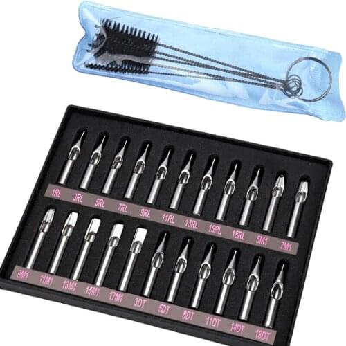Tattoo Tips Kit 22pcs Sizes Tattoo Tips 304 Stainless Steel Tattoo Nozzle Tips for Needles Set Kit and 1 bag Cleaning Brush