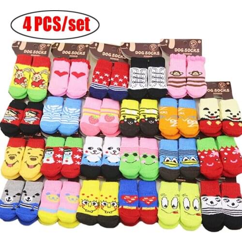 4pcs/Set Cute Puppy Dogs Knit Socks Small Dogs Cotton Socks Anti-Slip Cats Shoes Autumn Winter Indoor Wear Slip On Paw Protector