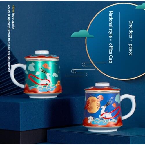 New Chinese Ceramic Mug Creative Home Office Water Cup Hand Painted Deluxe Three Piece Filter Cup With Cover