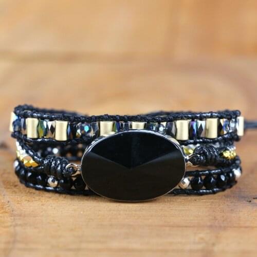 Native Inspired Designer Leather Bracelet Black Onyx Mix 3 Strands Woven Wrap Bangles Bohemian Jewelry Dropship Wholesale