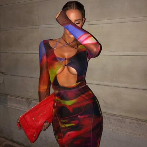 Zoctuo Tie Dye Print Womens Dress Long Sleeve Fashion O Neck Casual Autumn Vestidos Tight Slim Fashion Sexy Mesh Maxi Dresses