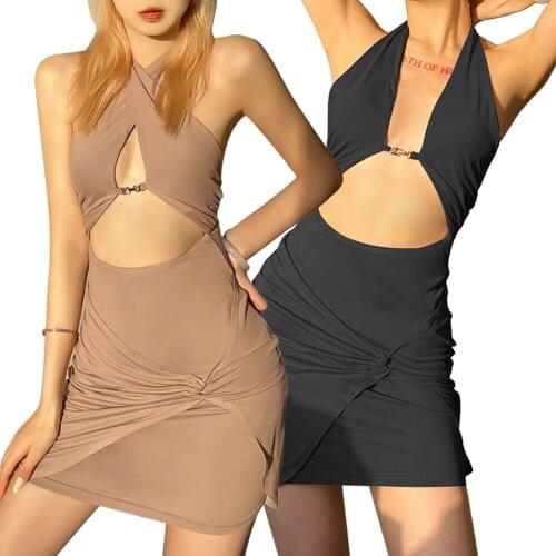 Women Neck-Hanging Dress, High-Waist Skirt, Sleeveless Cropped Cross Bandage Pleated Dinner Photo Dress