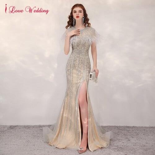 Luxury Long Dress Evening 2021 Scoop Mermaid Short Sleeve Rose Gold Sequin Feathers African Women Formal Evening Party Gowns