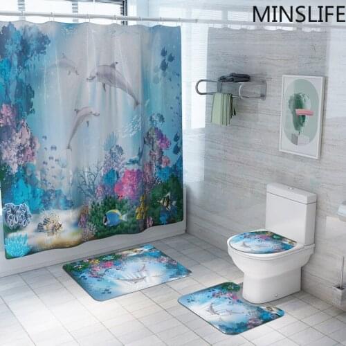 Happy Underwater Dolphins Shower Curtain Sets Waterproof Shower Curtains Rugs Lid Toilet Cover Bath Mat Set Bathroom Decor