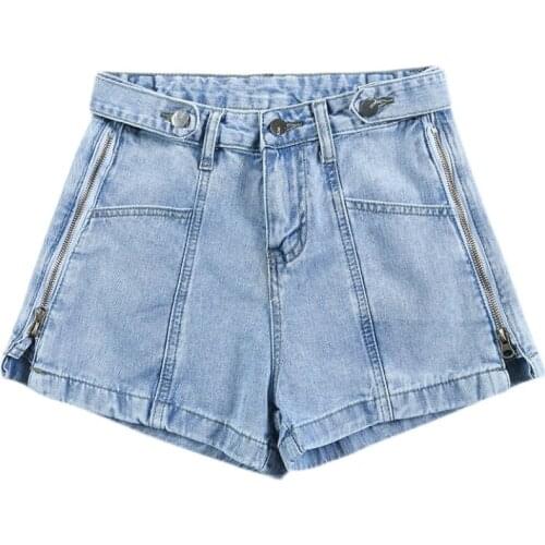 Streetwear Womens Shorts Denim High Waist Letter Printing Side Zipper Design Harajuku Wide Legs Blue Shorts Hot Sale 2021 Summer