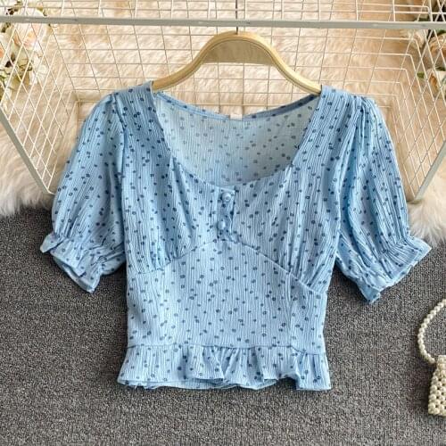 Ladies Polo Shirts Fashion Polka Dot Chiffon Crop Top New 2021 Summer Short Sleeve Slim Versatile Tee Shirt Femme Korean Vestido