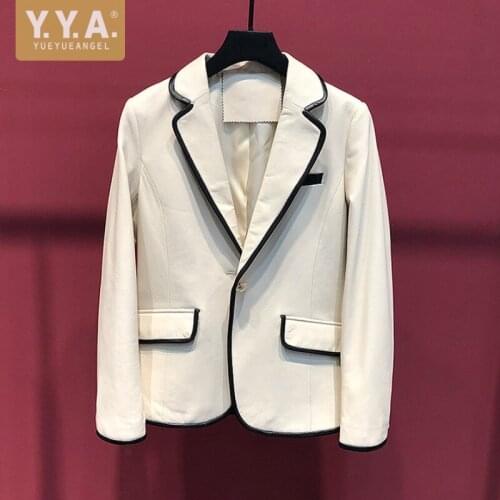 Women Real Leather Suit Jacket Turn-Down Collar Single Button Black White Sheepskin Blazer Office Lady Business Casual Outerwear