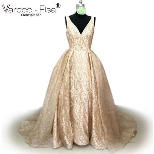 VARBOO_ELSA 2021 Arabic Evening Gowns Dress Gold Sequin Shiny Party Gown Sexy Deep V Neck Sleeveless Prom Dress Vestido De Novia