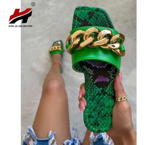 2021 Summer Printed Flat Sandals Fashion Open Toe Outdoor Casual Womens Shoes Metal Chain Slippers Plus Size