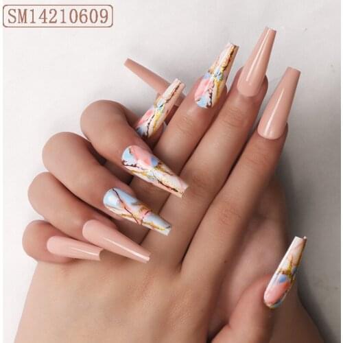New Hot 24pcs Fake Nail Patch Glue Type Removable Long Paragraph Fashion Manicure False Save Time Nails Patch