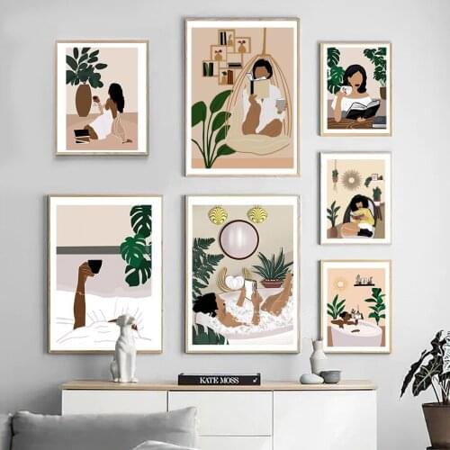 Abstract Fashion Black Girl Bathtub Read Plant Wall Art Canvas Painting Nordic Posters And Prints Decor Pictures For Living Room