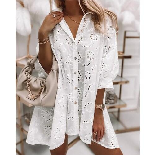 Foridol White Lace Hollow Out Shirt Dress Casual Women Button Loose Autumn Dress Vestidos Robe 2021 New Irrgular Dress Short