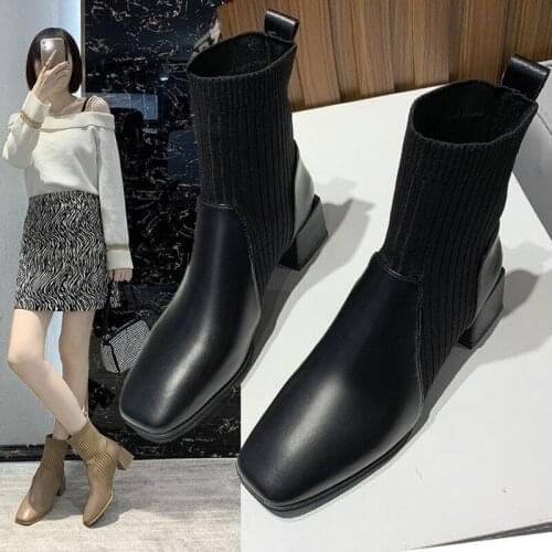 New Womens Boots 2020 Autumn Winter Brand Design Retro Stretch Thick Heel Short Shoes Square Toe High Heel leather Socks Boots
