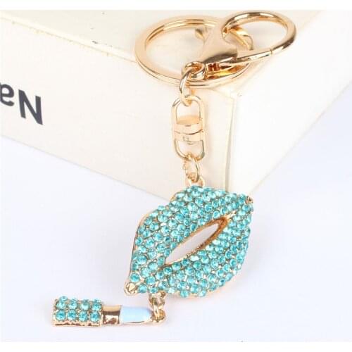 Lovely Blue Lip Lipstick Pendant Charm Rhinestone Crystal Keyring Key Chain for Handbag Purse Wedding Party Lover Gift