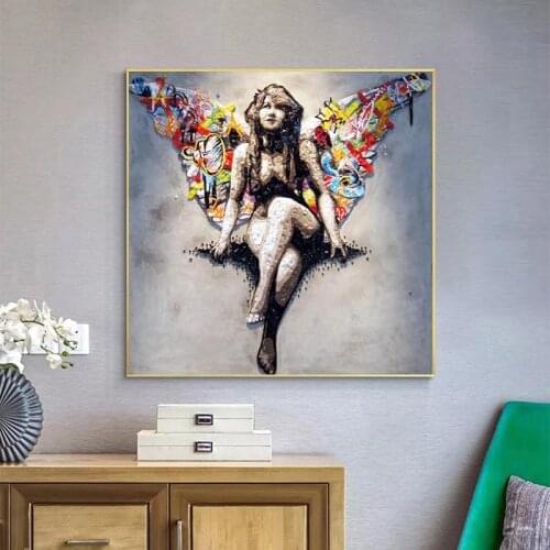 The Girl with The Wings on Canvas Paintings Graffiti Street Art Poster Graffiti Art Cuadros Wall Art Pictures for Home Decor