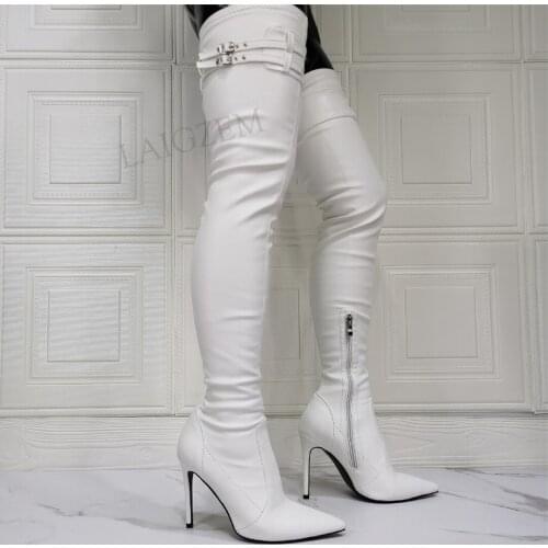 DOBANER Sexy Women Thigh High Boots Stretchy Side Zip Boots Slim Heels Botas Mujer Ladies White Shoes Woman Big Size 44 46 47