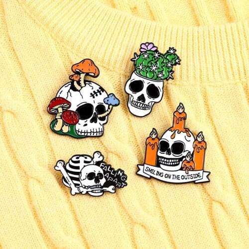 Decayed Bones Enamel Lapel Pins Mushroom Cactus Candle & Skull Brooches Badges Fashion Pins Gifts for Friend Jewelry