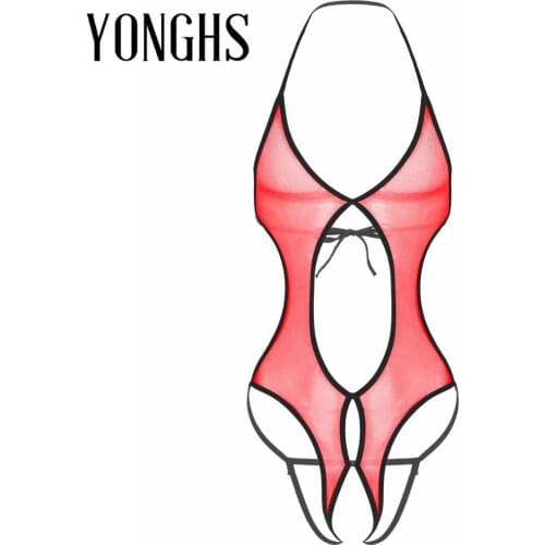 Erotic Lingerie Crotchless Bodysuit Underwear for Sexy Mens See-through Mesh Halter Neck Lace-up Open Crotch Sleepwear Nightwear