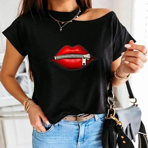 Zipper Lips Print T Shirt Women Summer Harajuku T Shirt Fashion Graphic Tops Female T-shirt Kawaii Casual Tee Woman Clothing