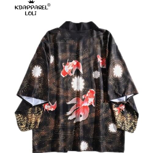 Japanese Loose Gothic Kimono Goldfish Fireworks Dark Black Haori Summer Sunscreen Bathrobe Literature Art Cosplay Women Men Tops