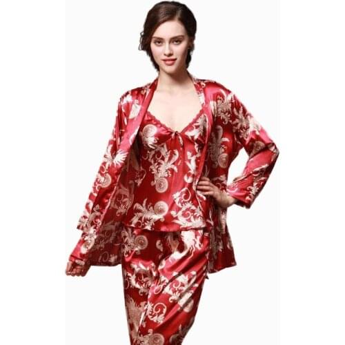 Summer Silk Satin Robe 3 Pcs Pajamas Pants Sets Sex Ladies Sleep Lounge Dragon Print Night Shirt Female Home clothes for women
