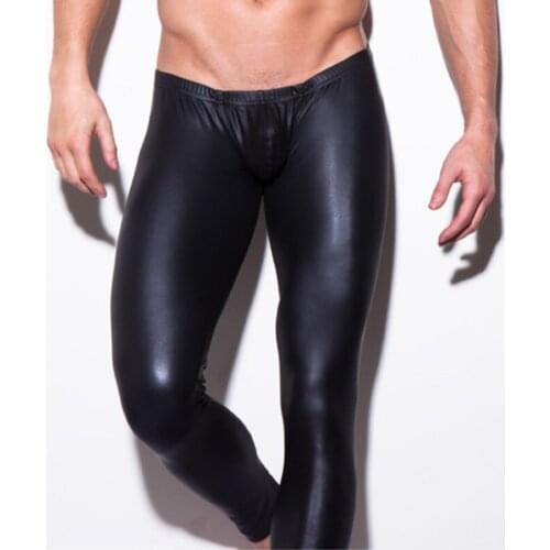 Men Black Red Stretch Legging Pants Stage Perform Sexy Lingerie Skinny Low Waist Faux Leather PVC Gay Club Dance Wear Legging
