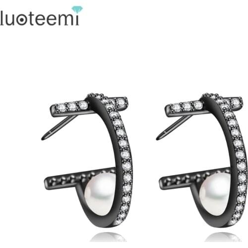 LUOTEEMI New Vintage Round Shape Stud Earrings Micro Paved Tiny CZ Crystal with Single Imitation Pearl Elegant Brincos for Women