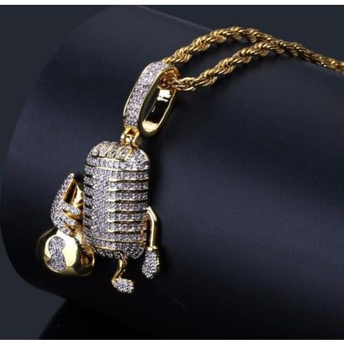Micro Pave CZ Stone Bling Ice Out Cartoon Microphone Pendant Gold Color Copper Dollar Necklaces Mens Hip Hop Rapper Jewelry