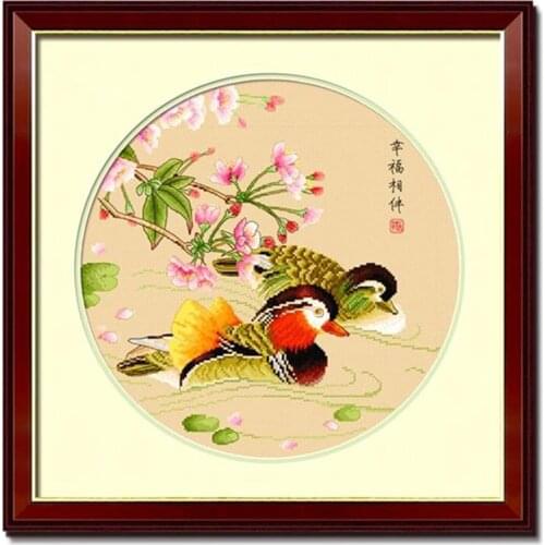 Asian Style Love Birds Mandarin duck Swimming in Lotus Pond Chinese Painting Stamped Cross Stitch Kit Embroidery needlework set