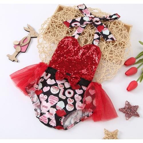 New Valentines Day Childrens Red Net Gauze Letters Printed Sequined Romper Mardi Gras Clothes Baby Girl Jumpsuit Onesie