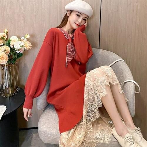 Autumn Loose Long Knitted Sweater Dress Women Sweet Bow Collar Pullover Winter Long Sleeve Over Knee Length Korean Dress 2020