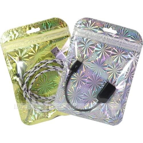 Plastic PP Bags Earphone Ziplock Bags Metallic Mylar Pouches USB Cable Storage Bags Clear Front Packag Bags With Butterfly Hole