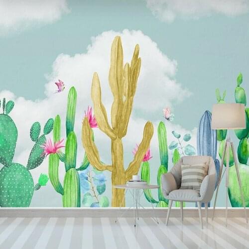 Custom Photo Wallpaper Hand Painted Cactus Butterfly Cartoon Wall Painting Kids Room Bedroom Decoration Mural Papel De Parede 3D
