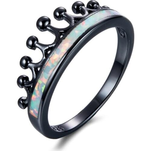 Seanlov Luxury Crown White Fire Opal Rings For Women Vintage Fashion Black Gold Filled Birthstone Fashion Jewelry Wedding Rings