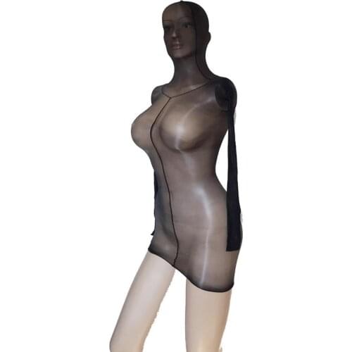 Sexy Lingerie Fantasy Sheer Oil Glossy Shiny Hooded Body Hose Stretchy Cupless Mini Dress Long Sleeve Bodysuit Bodystocking
