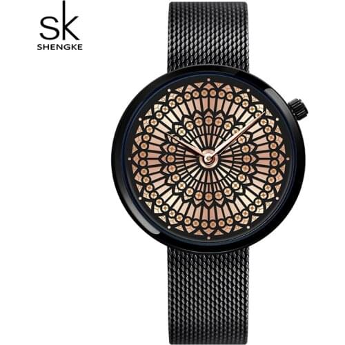 Shengke Women Luxury Watch Fashion Dress Ladies Wave Hardlex Full Steel Mesh Strap Waterproof Quartz Wristwatches K0114