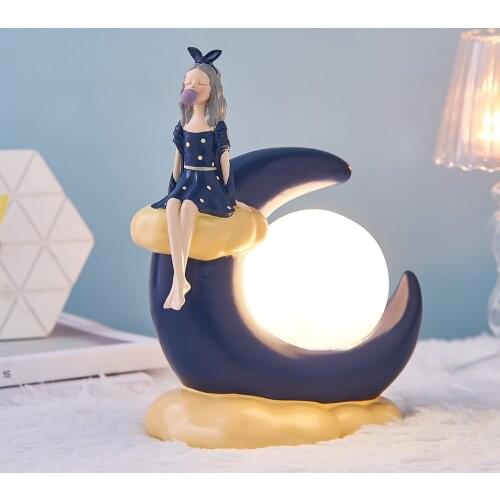 Nordic Moon Girl Night Light Figurines Angel Character Miniature Resin Modern Kawaii Room Decor Cute Home Decoration Accessories