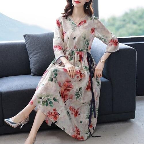 2021 Spring Elegant Vintage Red Floarl Cotton Linen Midi Dress Autumn Casual 3XL Plus Size Dresses Women Bodycon Party Vestidos