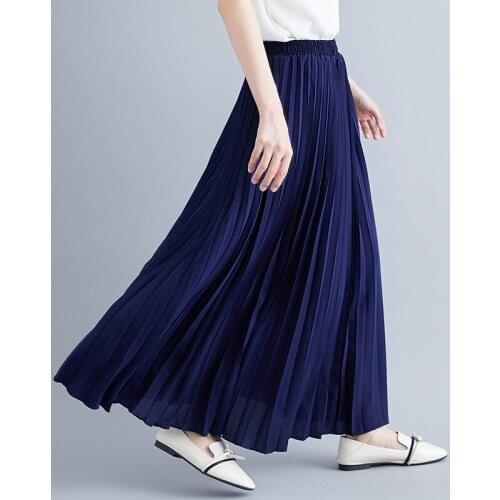 Fashion NEW 2020 Skirt Women Spring Autumn High Waist Solid Pleated Elegant Midi Elastic Waist Maxi Skirt Beach Skirts v1095