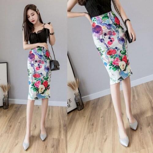 2020 Summer New Ink Painting Printing Wrapped Skirt Professional over-the-Knee Slit High Waist Temperament Skirt Mid-Length