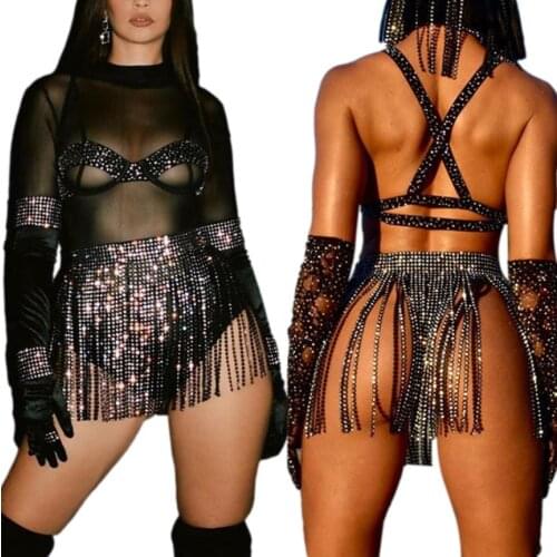 Women Glitter Rhinestone Tassel Sexy Crystal Body Chains Belly Dance Skirts Clubwear